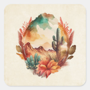 Watercolor Desert Cactus and Mountains Square Sticker