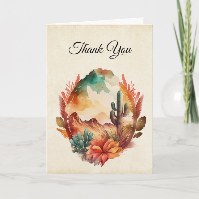 Watercolor Desert Cactus and Mountains Thank You Card (Front)