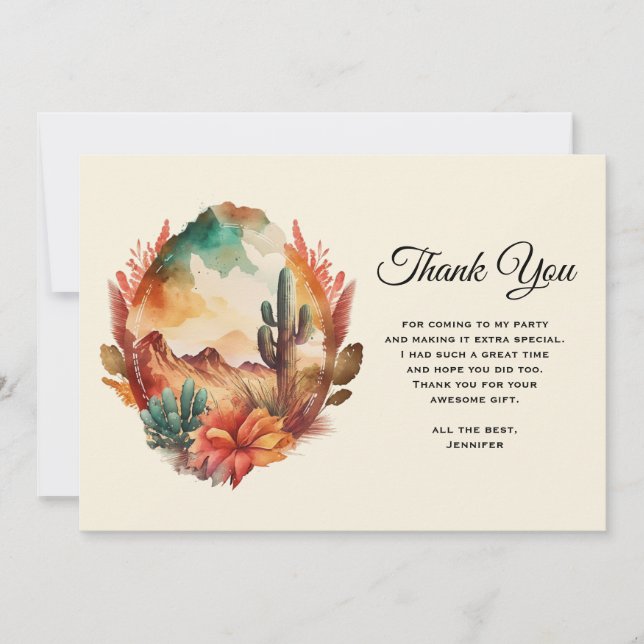 Watercolor Desert Cactus and Mountains Thank You Card (Front)