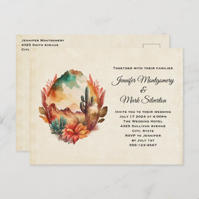Watercolor Desert Cactus and Mountains Wedding Invitation Postcard (Front/Back)