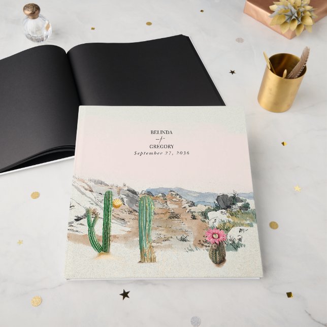 Watercolor Desert Cactus Boho Wedding Guest Book (Front Open)