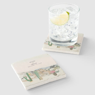 Watercolor Desert Cactus Boho Wedding Stone Coaster
