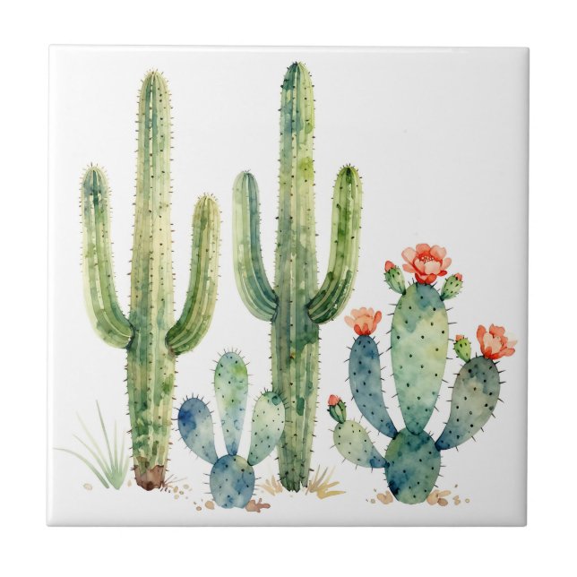 Watercolor Desert Cactus Garden Ceramic Tile (Front)