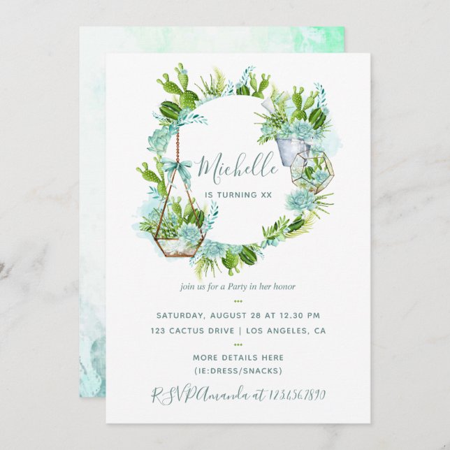 Watercolor Desert Cactus Succulents Birthday Party Invitation (Front/Back)