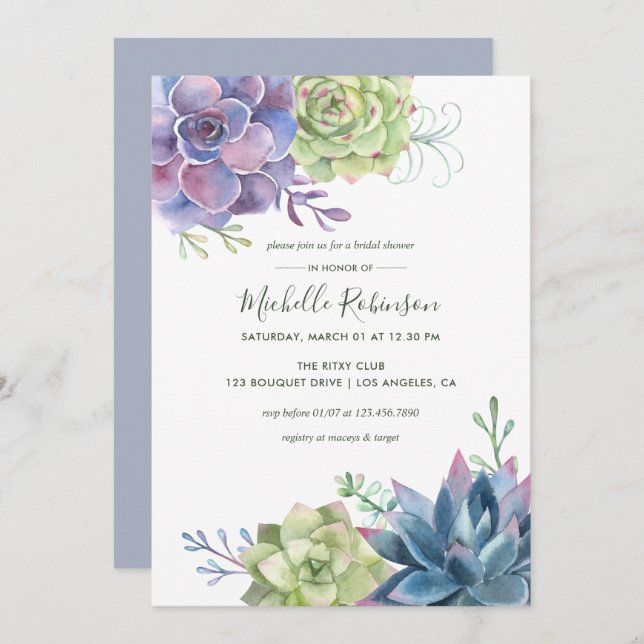 Watercolor Desert Cactus Succulents Bridal Shower Invitation (Front/Back)