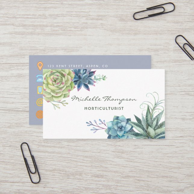 Watercolor Desert Cactus Succulents Business Card (Front/Back In Situ)