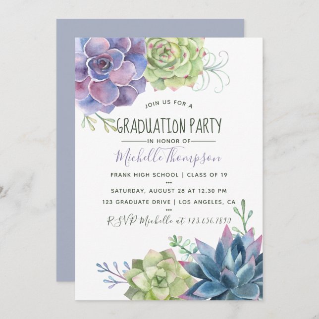 Watercolor Desert Cactus Succulents Graduation Invitation (Front/Back)