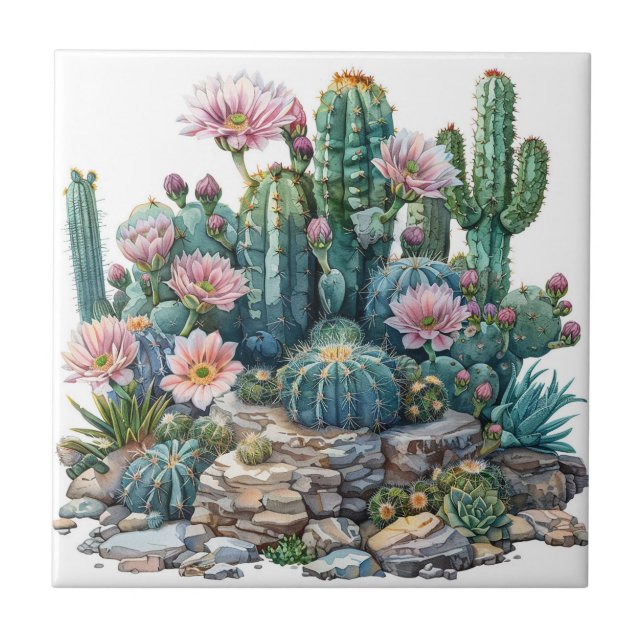 Watercolor desert flowers cacti. ceramic tile (Front)