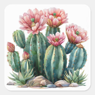 Watercolor desert flowers cacti. square sticker
