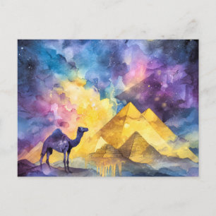 Watercolor Desert Galaxy Camel Pyramid Travel Announcement Postcard