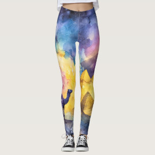 Watercolor Desert Galaxy Camel Pyramid Travel Leggings