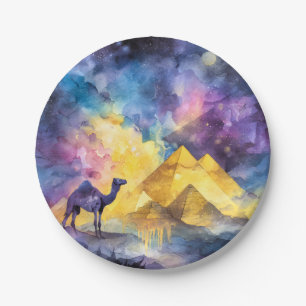 Watercolor Desert Galaxy Camel Pyramid Travel Paper Plate