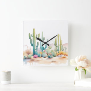 Watercolor Desert Illustration Square Wall Clock