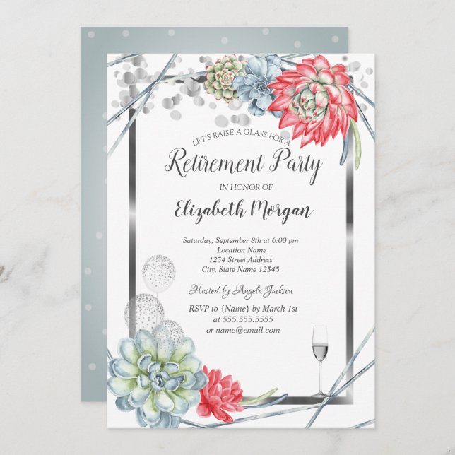 Watercolor Desert Red Succulents Retirement Invitation (Front/Back)