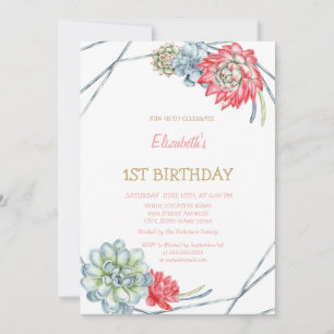 Watercolor Desert Red Succulents Striped Birthday  Invitation
