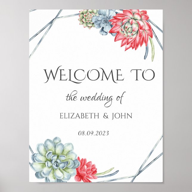 Watercolor Desert Red Succulents Wedding Poster (Front)
