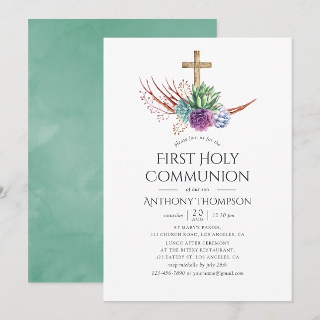 Watercolor Desert Succulent First Holy Communion Invitation (Front/Back)