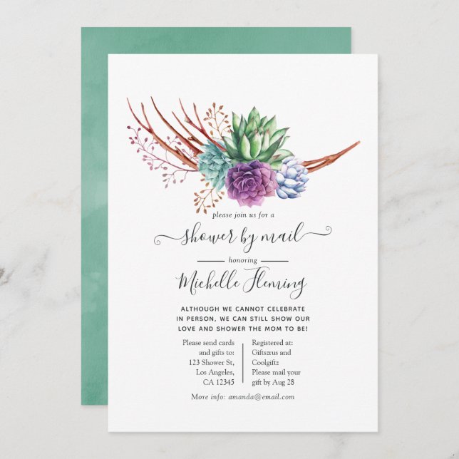 Watercolor Desert Succulents Baby Shower by Mail Invitation (Front/Back)