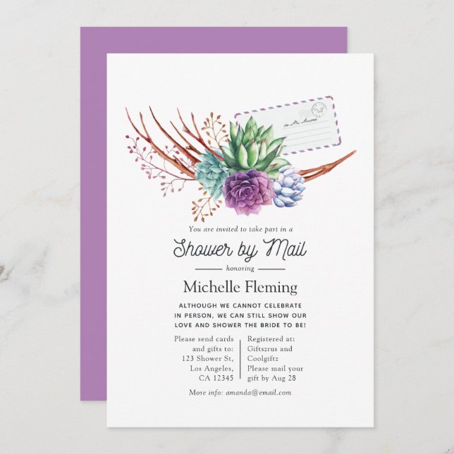 Watercolor Desert Succulents Bridal Shower by Mail Invitation (Front/Back)