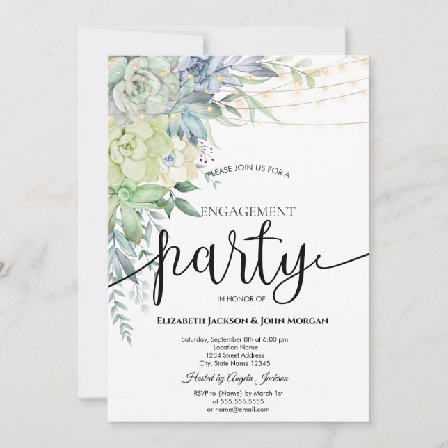 Watercolor Desert Succulents Dots Engagement   Invitation (Front)