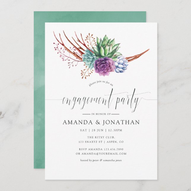 Watercolor Desert Succulents Engagement Party Invitation (Front/Back)