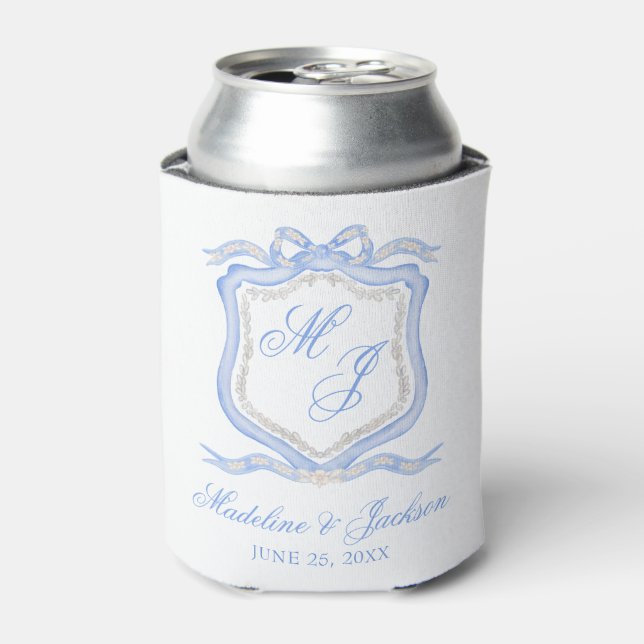 Watercolor Designer Blue Monogram Crest Favour Can Cooler (Can Front)