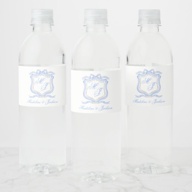 Watercolor Designer Blue Monogram Crest Water Bottle Label (Bottles)