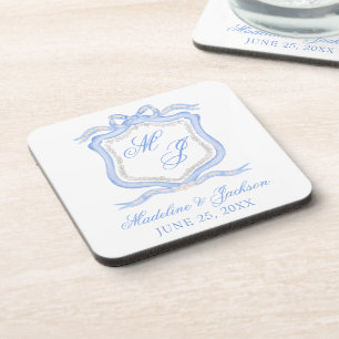 Watercolor Designer Blue Monogram Crest Wedding Coaster