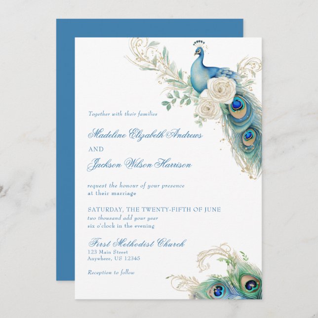 Watercolor Designer Blue Monogram Crest Wedding Invitation (Front/Back)
