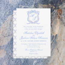 Watercolor Designer Blue Monogram Crest Wedding