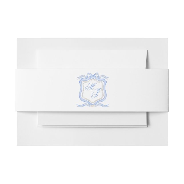 Watercolor Designer Blue Monogram Crest Wedding Invitation Belly Band (Front Example)
