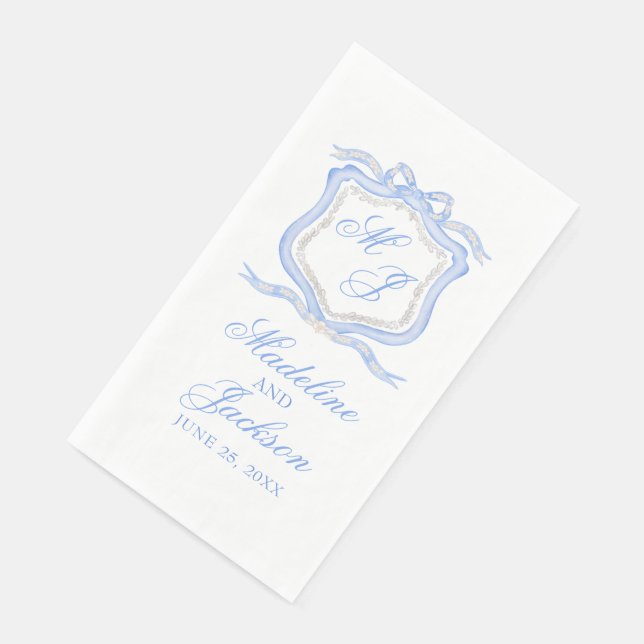 Watercolor Designer Blue Monogram Crest Wedding Napkin (Corner)