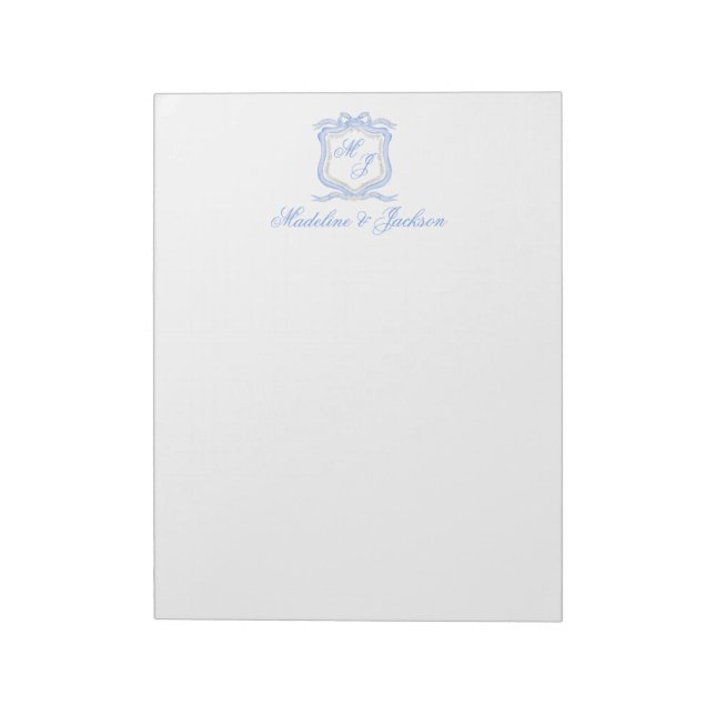 Watercolor Designer Blue Monogram Crest Wedding Notepad (Rotated)