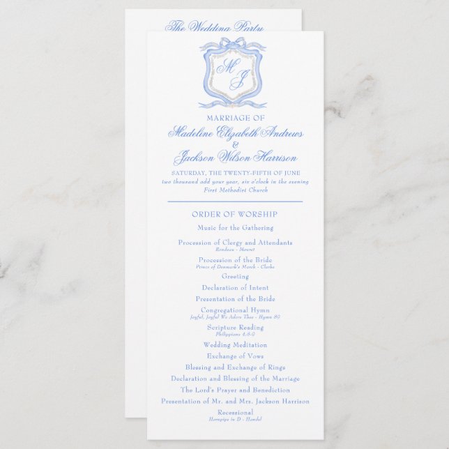Watercolor Designer Blue Monogram Crest Wedding Program (Front/Back)