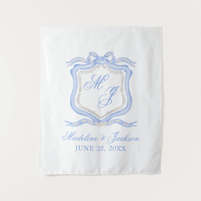 Watercolor Designer Blue Monogram Crest Wedding Tapestry (Front)
