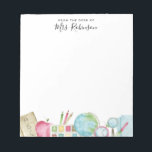 Watercolor Desk of Teacher Back to School Supplies Notepad<br><div class="desc">Watercolor School Supplies Pencil Globe Apple Note From Teacher Back to School Notepad</div>