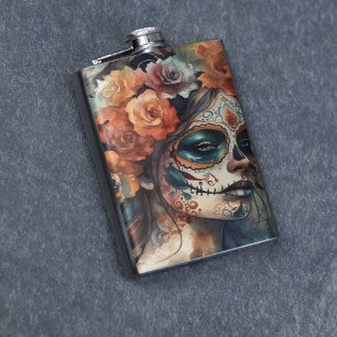 Watercolor Día de los Muertos Catrina Portrait Hip Flask