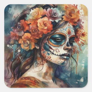 Watercolor Día de los Muertos Catrina Portrait Square Sticker