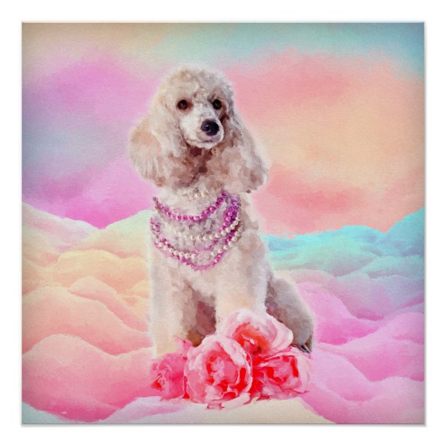 Watercolor digital art Poodle with flowers Poster (Front)