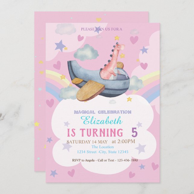 Watercolor Dino Aeroplane Rainbow Birthday Invitation (Front/Back)