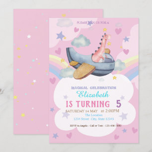 Watercolor Dino Aeroplane Rainbow Birthday Invitation