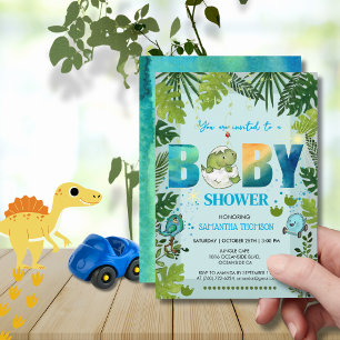 Watercolor Dino & Tropical Leaves Baby Shower  Invitation
