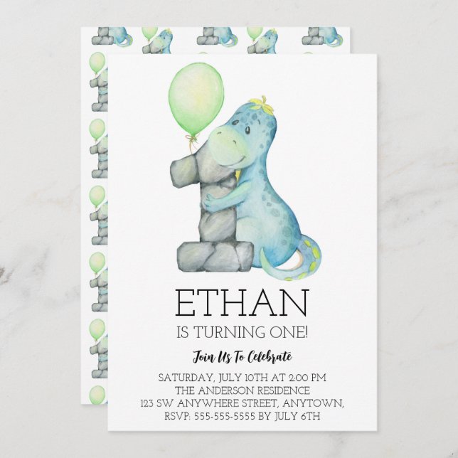 Watercolor Dinosaur 1st Birthday Party Invitation (Front/Back)