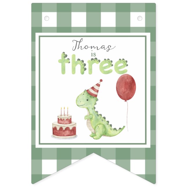 Watercolor Dinosaur 3 Three rex birthday Bunting (First Flag)