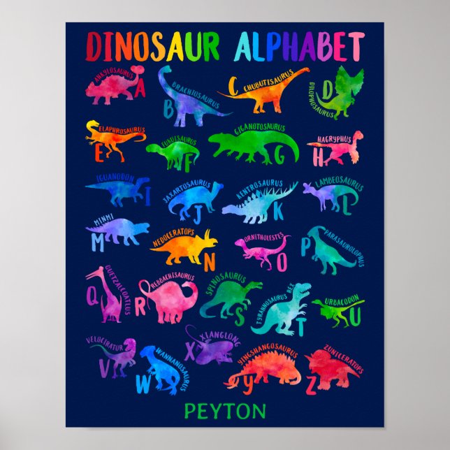 Watercolor Dinosaur Alphabet Colourful Dino Kids Poster (Front)