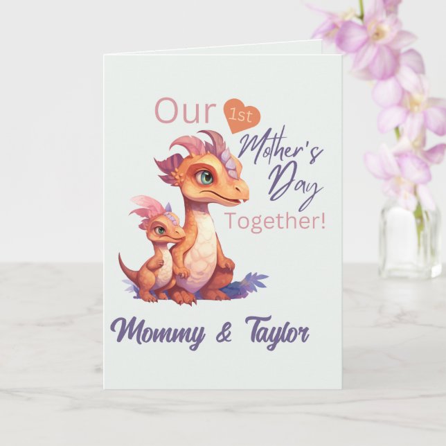 Watercolor Dinosaur and baby First Mother's day  Card (Orchid)