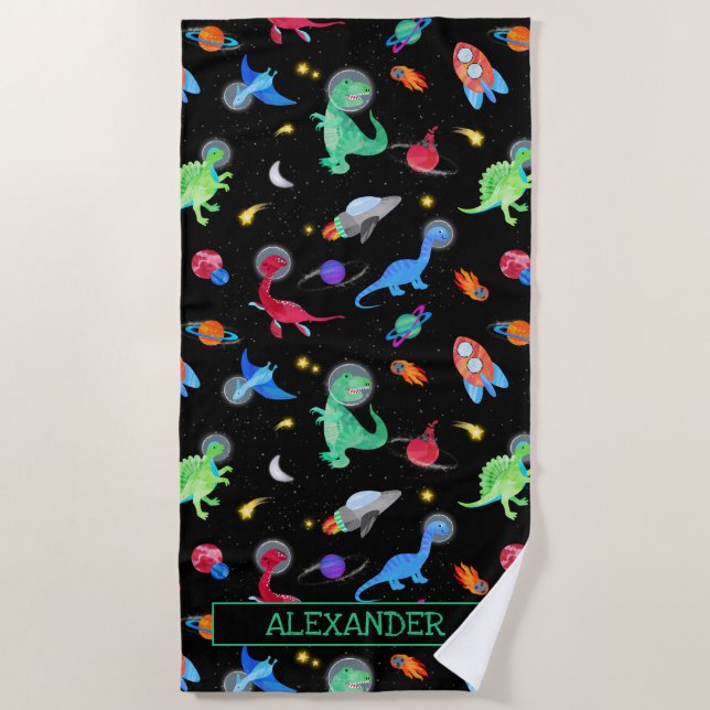 Watercolor Dinosaur Astronauts In Space Black Beach Towel (Front)