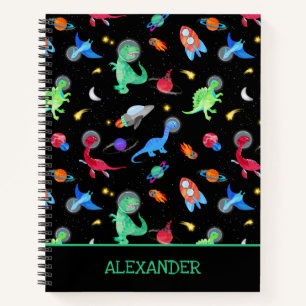 Watercolor Dinosaur Astronauts In Space Black Notebook