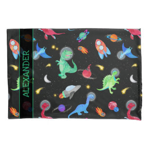 Watercolor Dinosaur Astronauts In Space Black Pillowcase