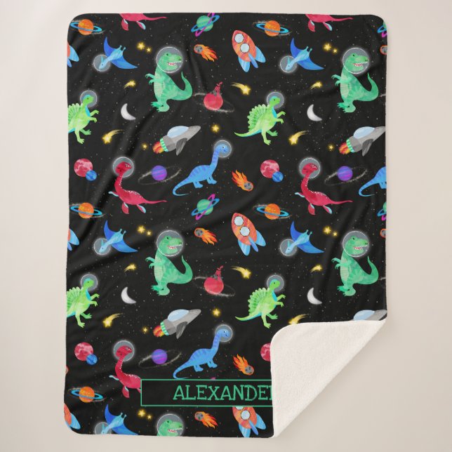 Watercolor Dinosaur Astronauts In Space Black Sherpa Blanket (Front)